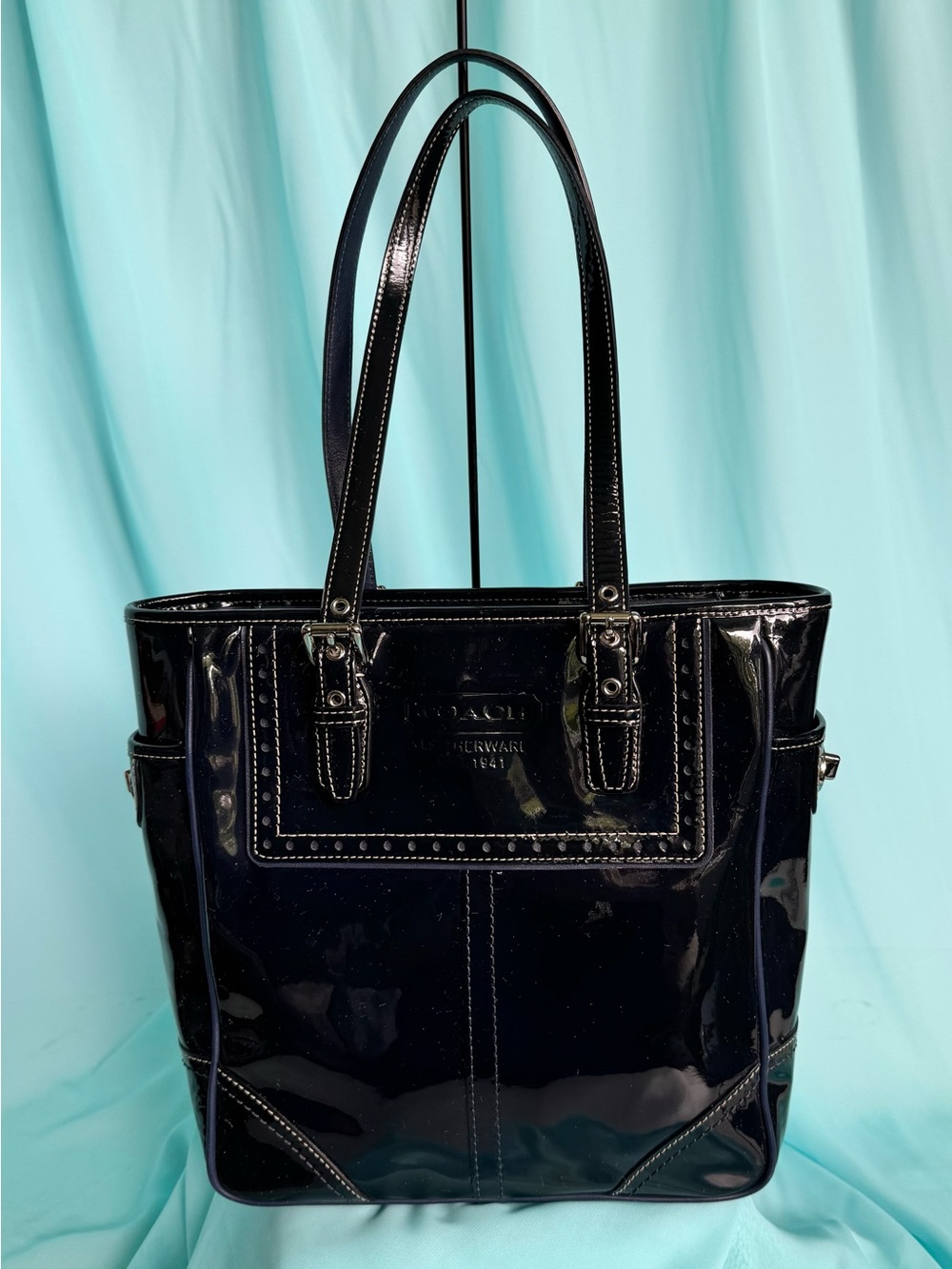 COACH EAST WEST GALLERY SHOULDER TOTE BAG BLACK PATENT LEATHER F11519